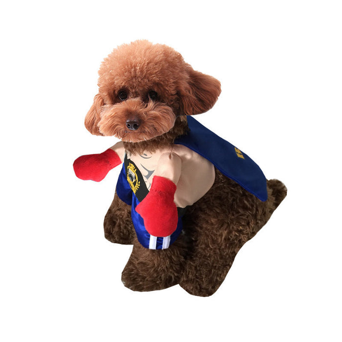 Dog wearing the Boxer Champ Halloween costume with red boxing gloves and satin cape
