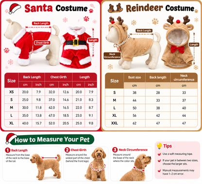Size chart for the Santa and Reindeer Christmas costumes