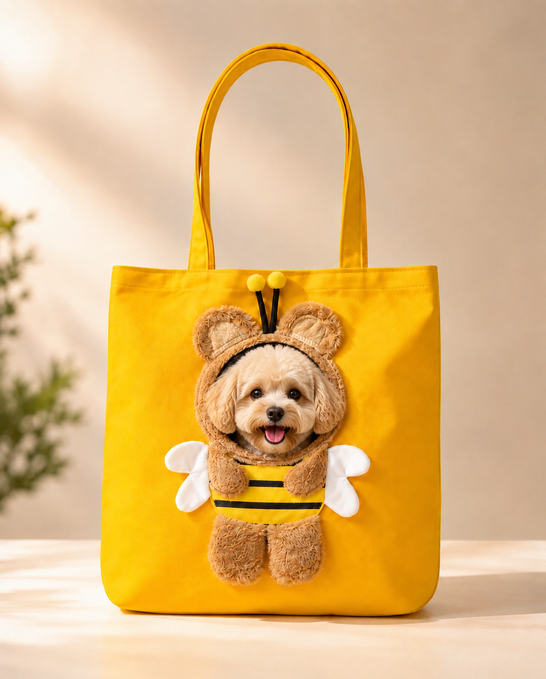 Dog wearing bee costume peeking through yellow Kivora crossbody carrier bag
