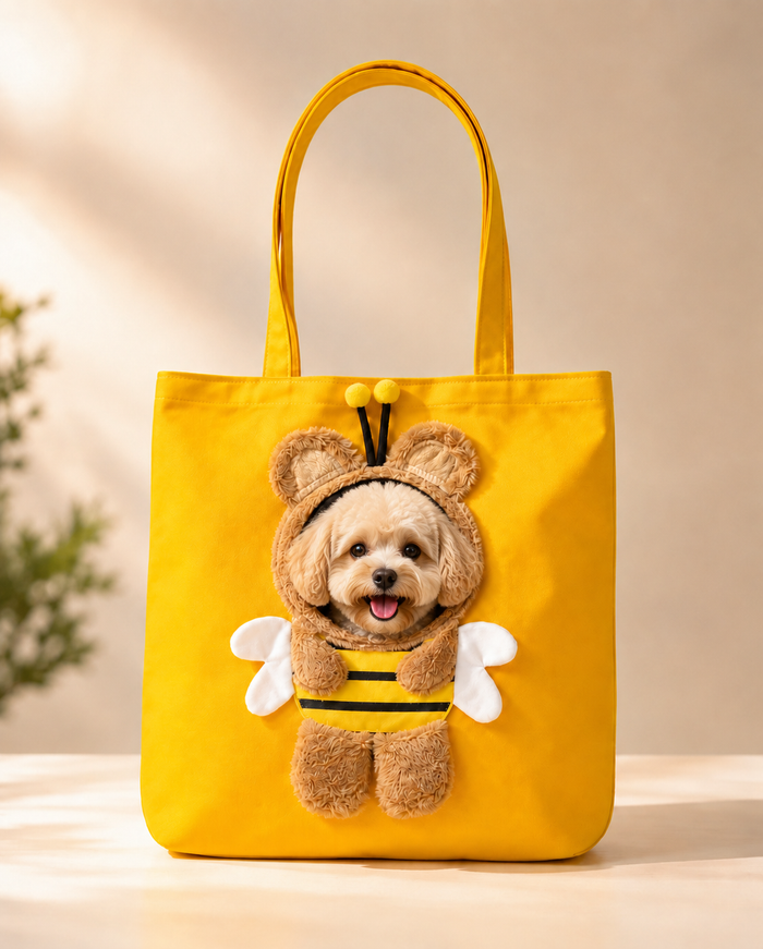 Dog wearing bee costume peeking through yellow Kivora crossbody carrier bag