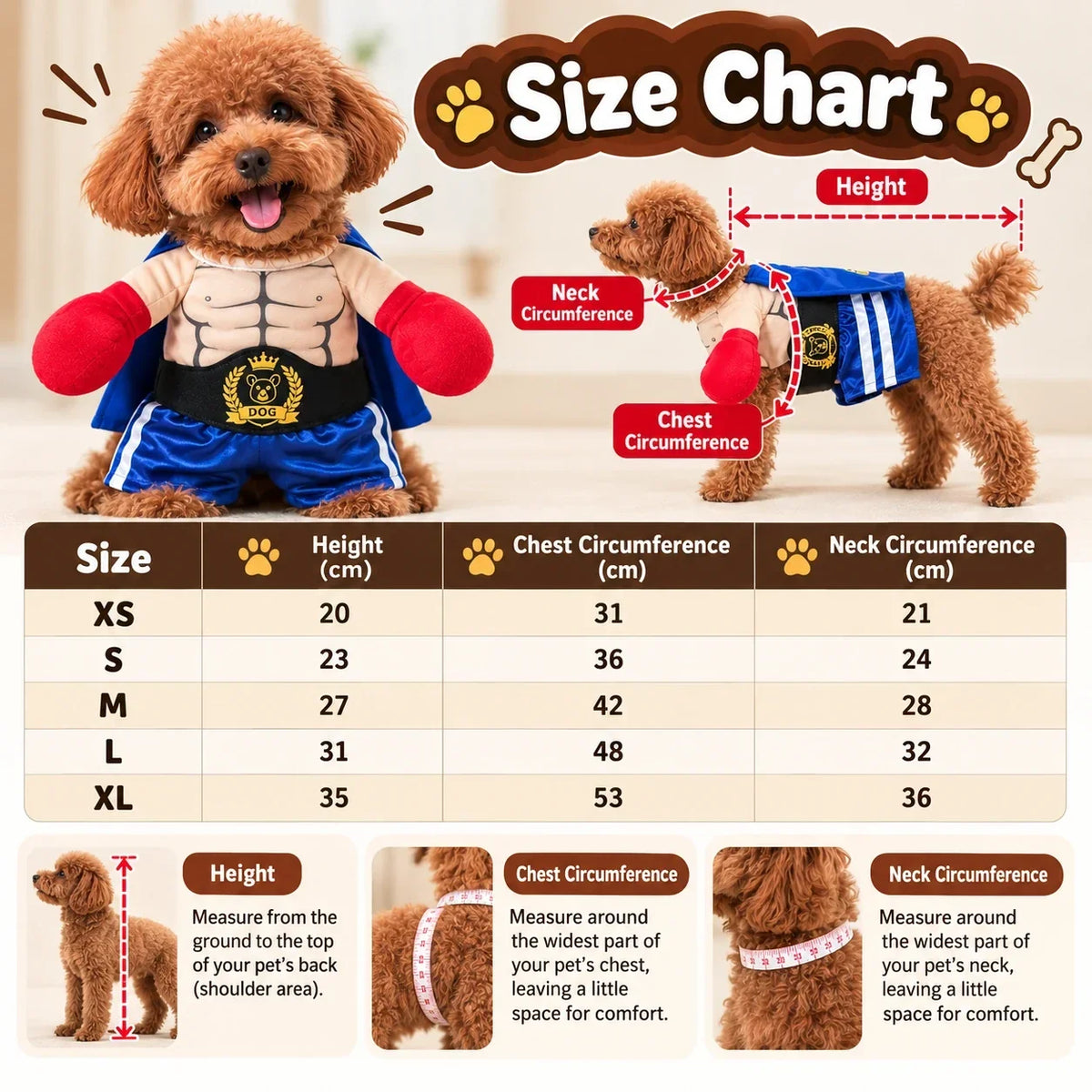Size chart for the Boxer Champ Halloween costume: height, chest and neck in cm, sizes XS to XL