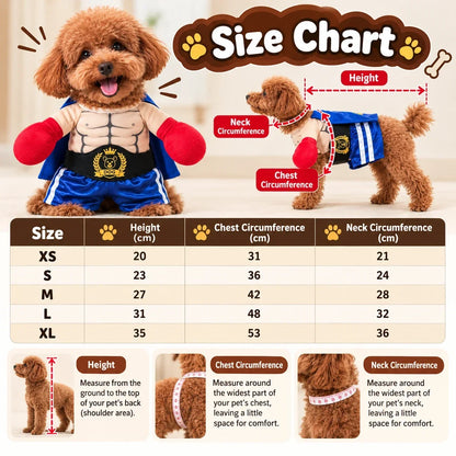 Size chart for the Boxer Champ Halloween costume: height, chest and neck in cm, sizes XS to XL