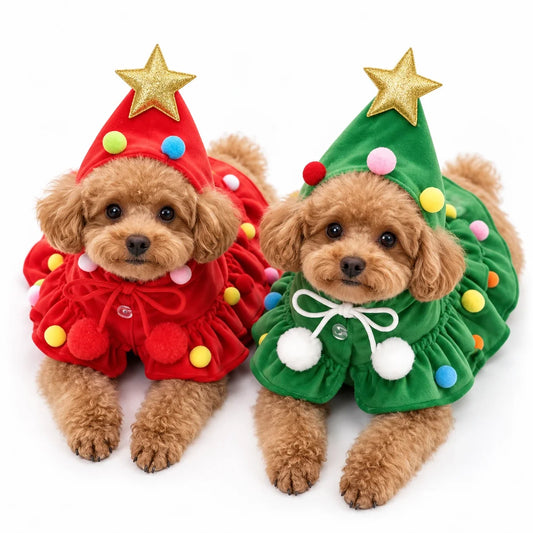 Two dogs wearing the red and green Christmas tree costumes with gold star hoods