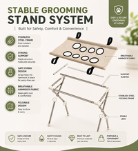 Grooming hammock stand parts and construction