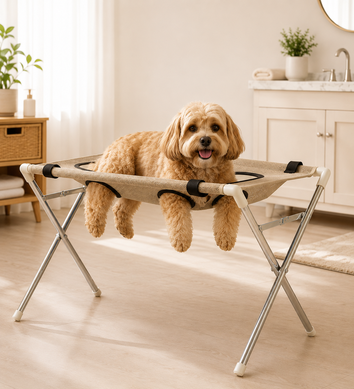 Dog resting comfortably in Kivora grooming hammock stand