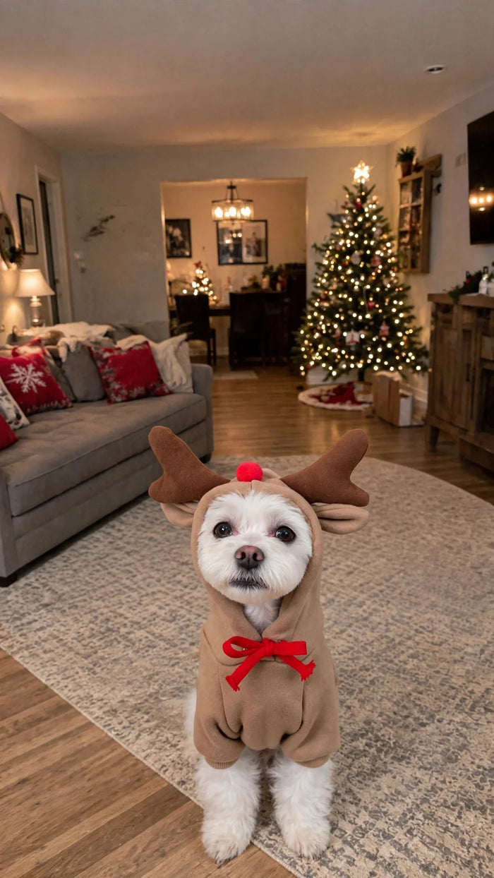 Dog wearing the Reindeer Christmas costume at home by the Christmas tree