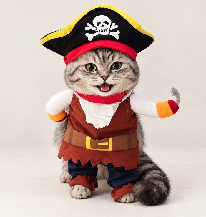 Happy tabby cat wearing the Pirate Captain Halloween costume with skull hat and hook hand