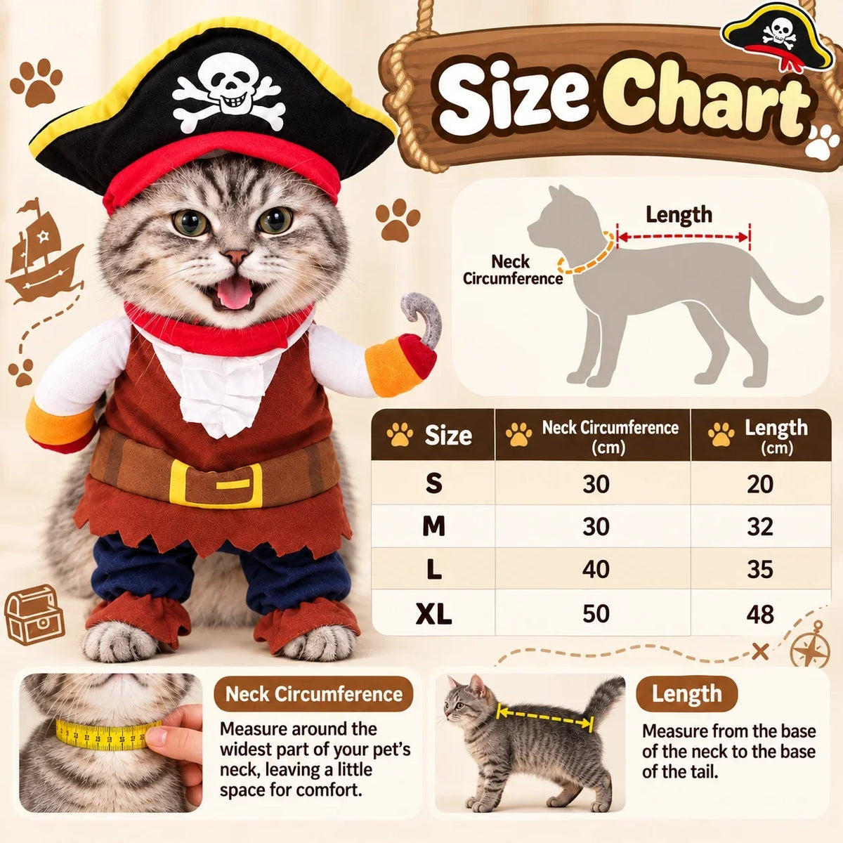 Size chart for the Pirate Captain Halloween costume: neck and length in cm, sizes S to XL