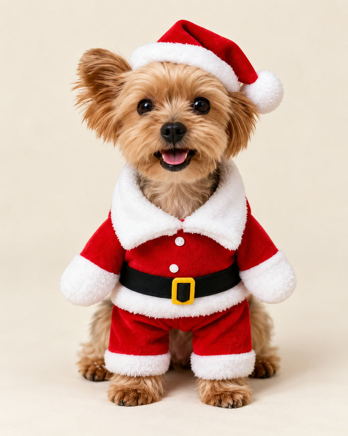 Small dog wearing the Santa Paws Santa Claus Christmas costume with hat and belt