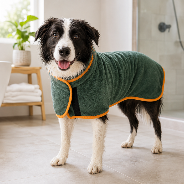 Wet dog wearing green Kivora quick-dry bath robe after bath